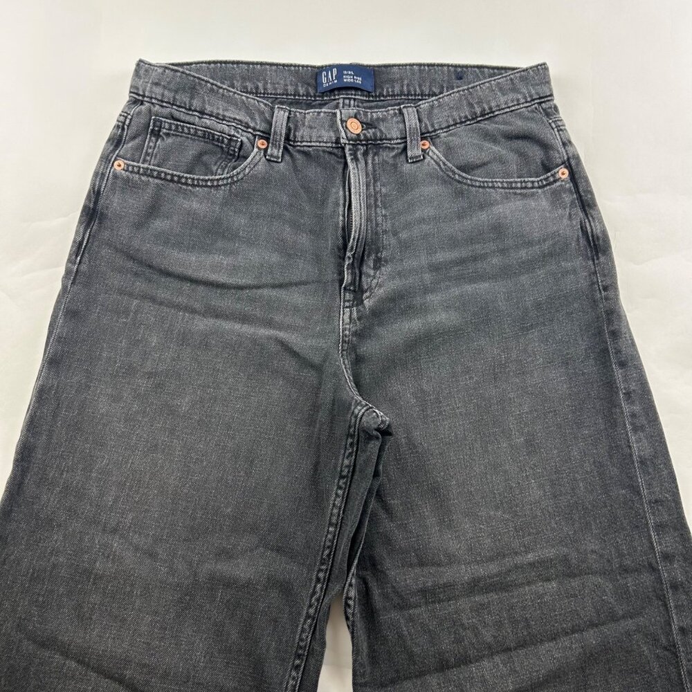LONG GAP Washed Black Denim HIgh Rise Wide Leg Cropped Jeans 12 / 31L - Picture 2 of 6
